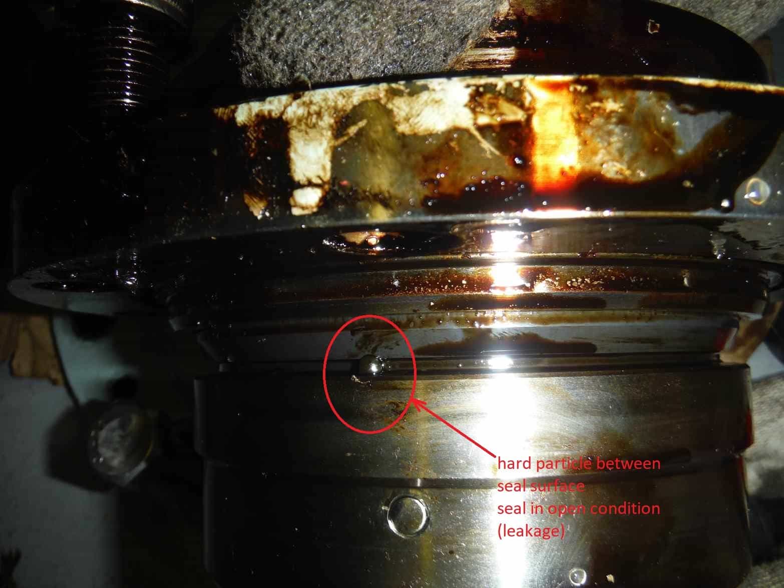A mechanical seal support failure picture showing a leak caused by a hard particle.)